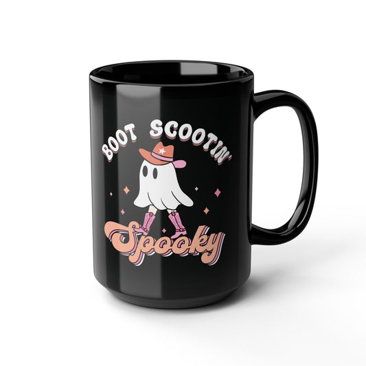 Boot Scootin Spooky Mug - Black Ceramic Coffee Cup with Cute Ghost Design - Fun Halloween Gift - 11oz & 15oz