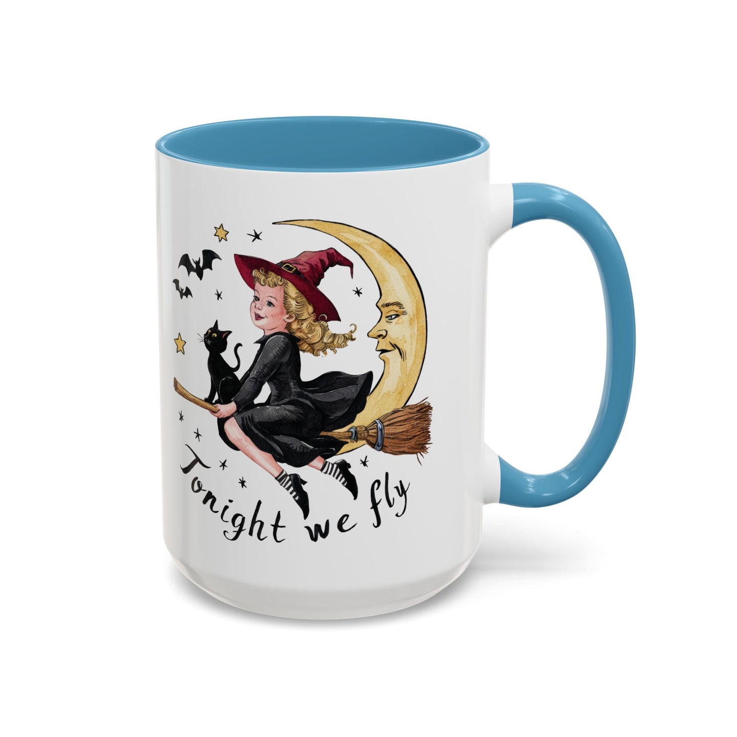 Tonight We Fly Halloween Witch Mug | Vintage Witch and Cat on Broomstick Design | Perfect Halloween Coffee Mug