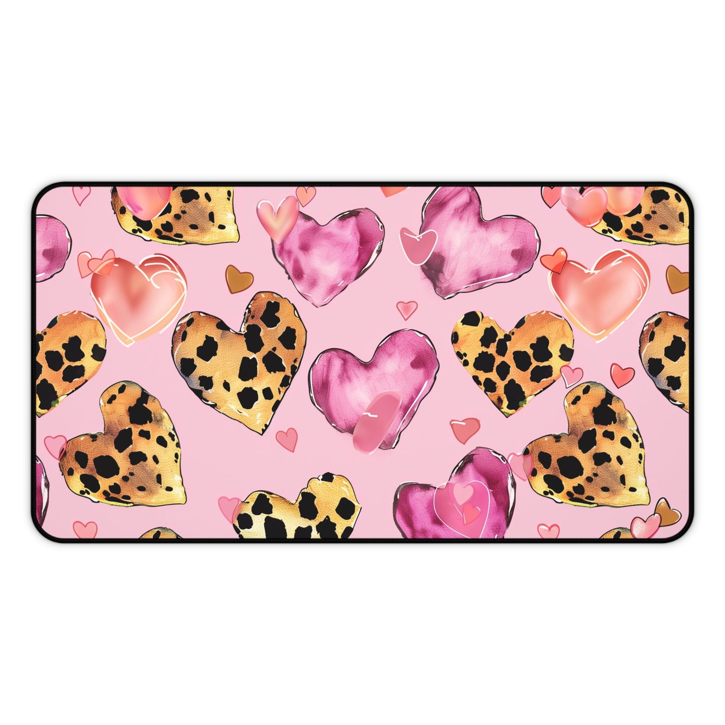 Heart Pattern Computer Desk Mat | Pink Leopard Hearts Mouse Pad | Anti-Slip Neoprene Desk Mat for Home Office | 3 Sizes Available