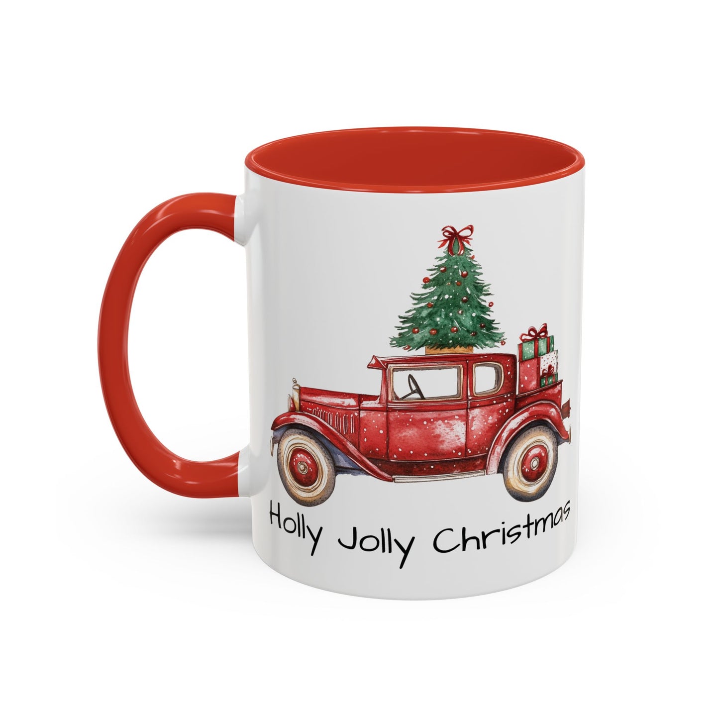 Holly Jolly Christmas Vintage Truck Mug - Vintage Red Truck with Christmas Tree Design - Perfect for Holiday Cheer