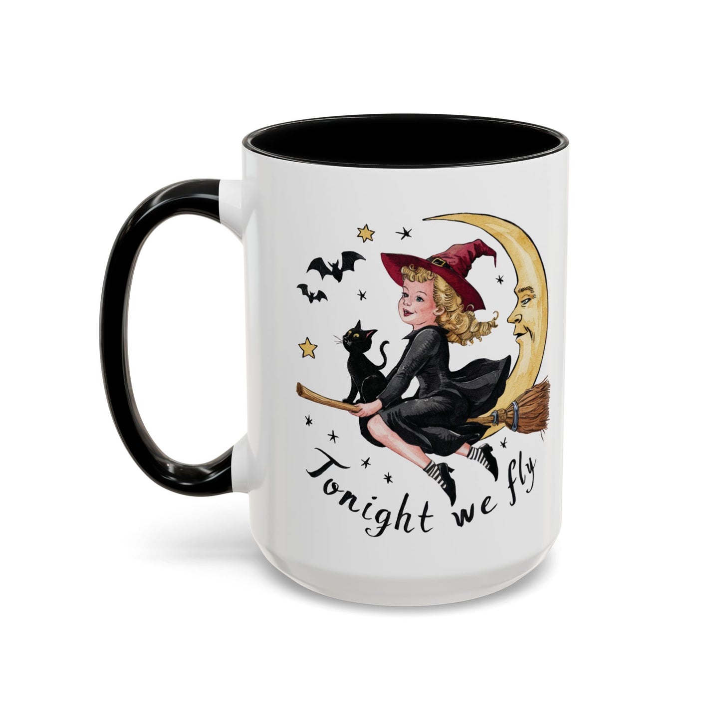 Tonight We Fly Halloween Witch Mug | Vintage Witch and Cat on Broomstick Design | Perfect Halloween Coffee Mug