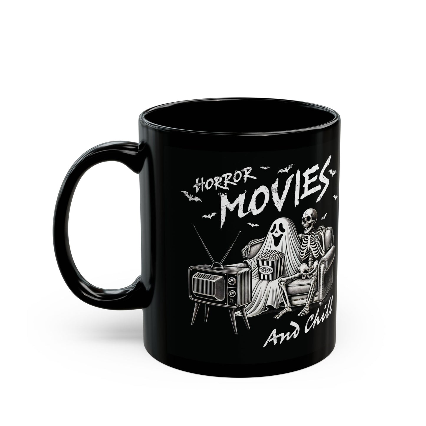 Horror Movies and Chill Halloween Mug | 11oz and 15oz Ceramic Coffee Cup | Spooky Skeleton and Ghost Design