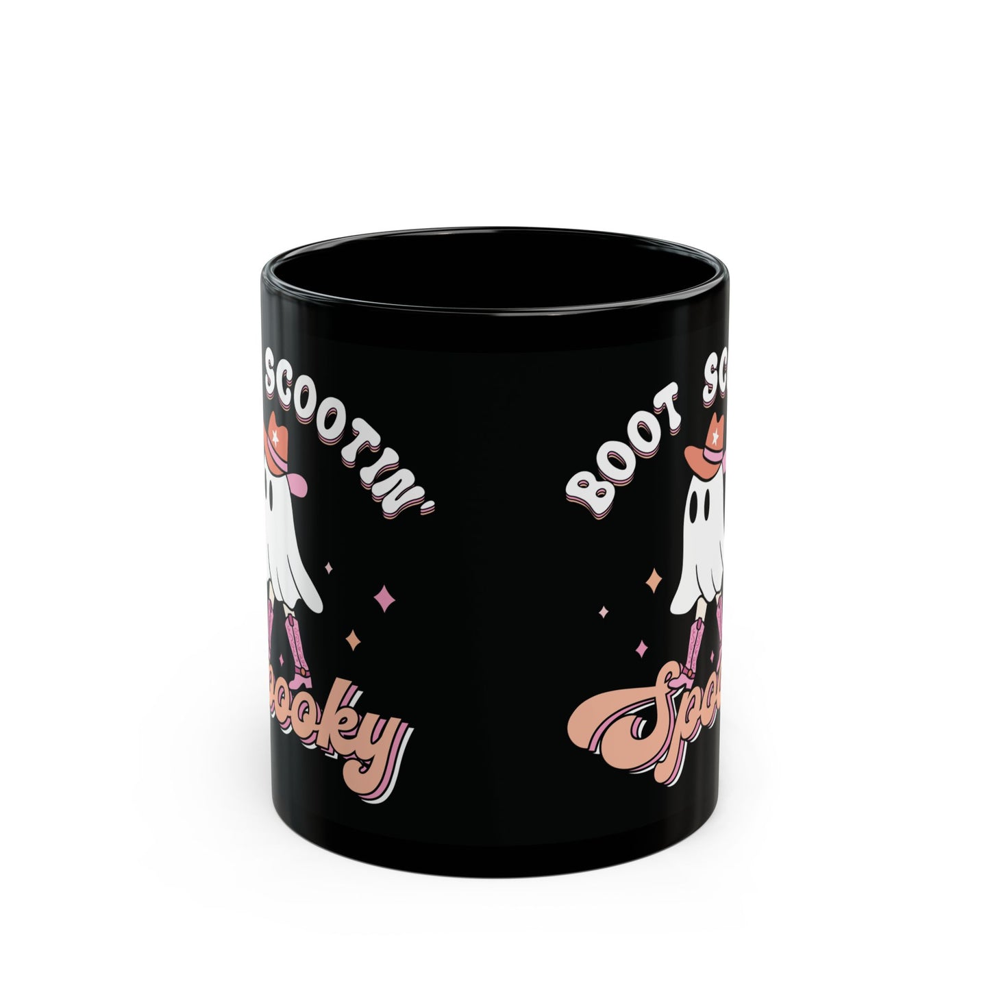 Boot Scootin Spooky Mug - Black Ceramic Coffee Cup with Cute Ghost Design - Fun Halloween Gift - 11oz & 15oz