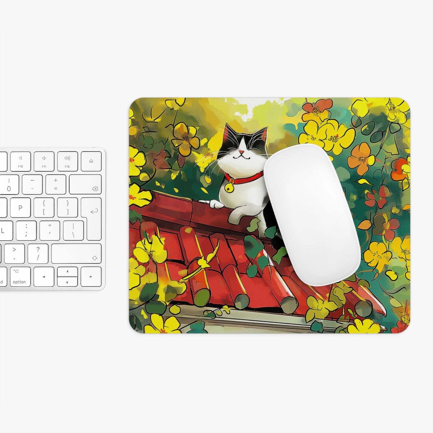 Happy Cat on a Rooftop Design Personalized Mouse Pad - Custom Round or Rectangle Neoprene Mousepad with Non-Slip Rubber Bottom