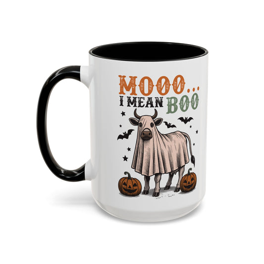 Mooo I Mean Boo Cow Mug | Funny Halloween Coffee Cup | Farmhouse Fall Mug | 11oz and 15oz Ceramic Mug