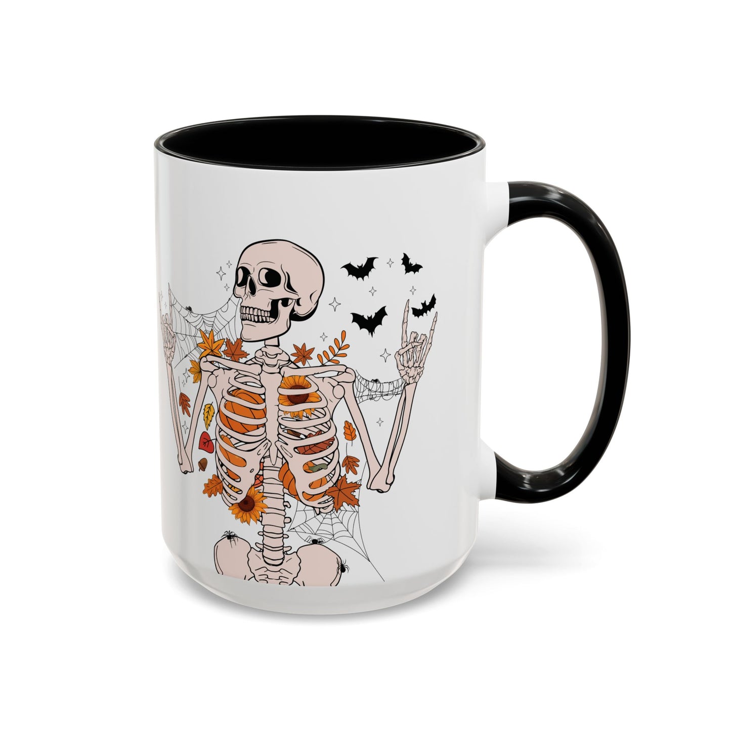 Spooky Skeleton Halloween Mug | 11oz and 15oz Ceramic Coffee Cup | Fall Leaves & Bats Design