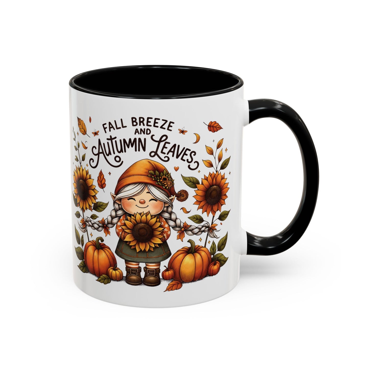 Fall Breeze and Autumn Leaves Mug | 11oz and 15oz Ceramic Coffee Cup | Cute Gnome, Sunflower, & Pumpkin Design