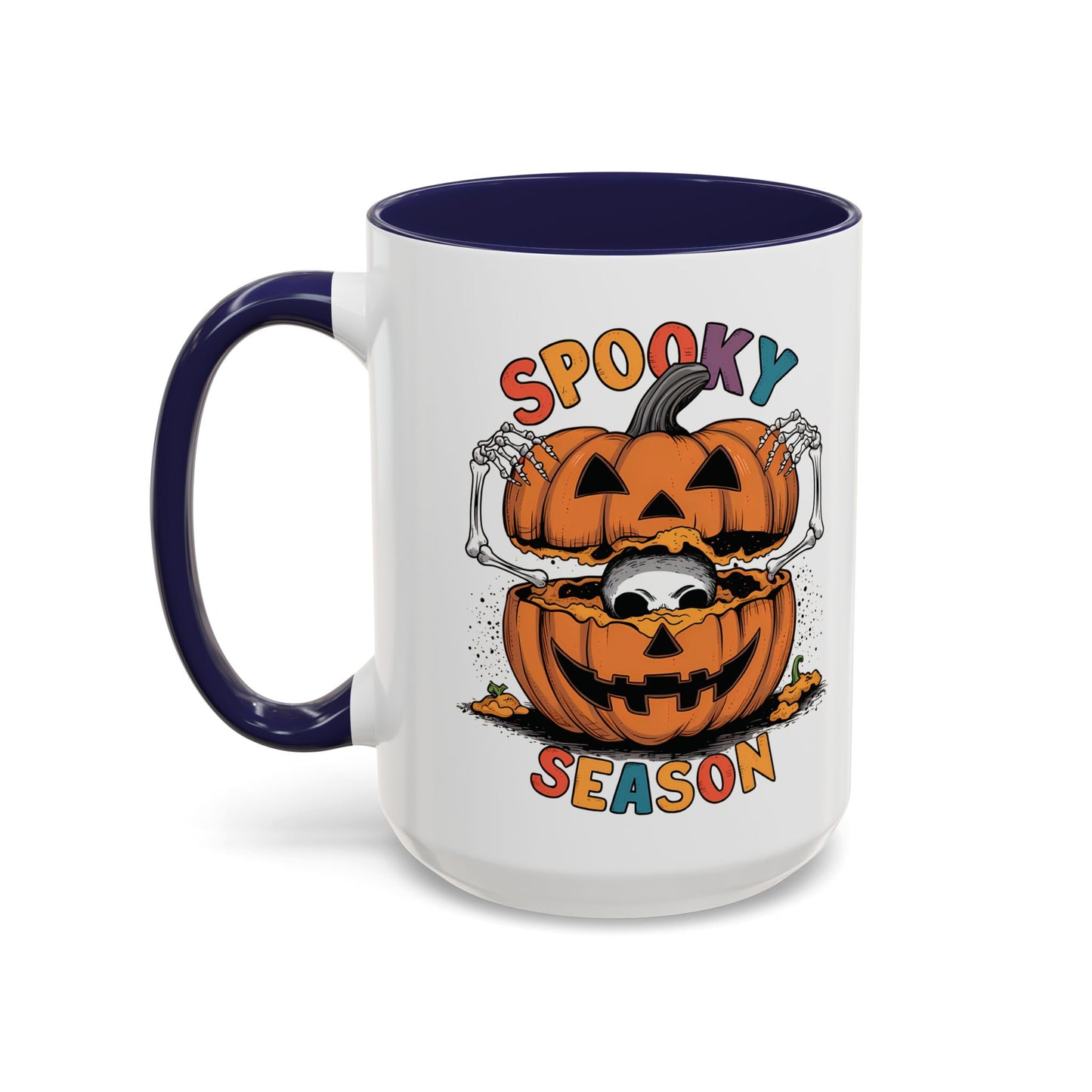 Spooky Season Halloween Mug | 11oz and 15oz Ceramic Coffee Cup | Skeleton in Pumpkin Design