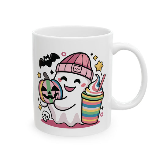 Cute Halloween Ghost Mug - 11oz/15oz Ceramic Coffee Cup | Fun Spooky Design | Adorable Ghost with Pumpkin & Bat | Halloween Gift