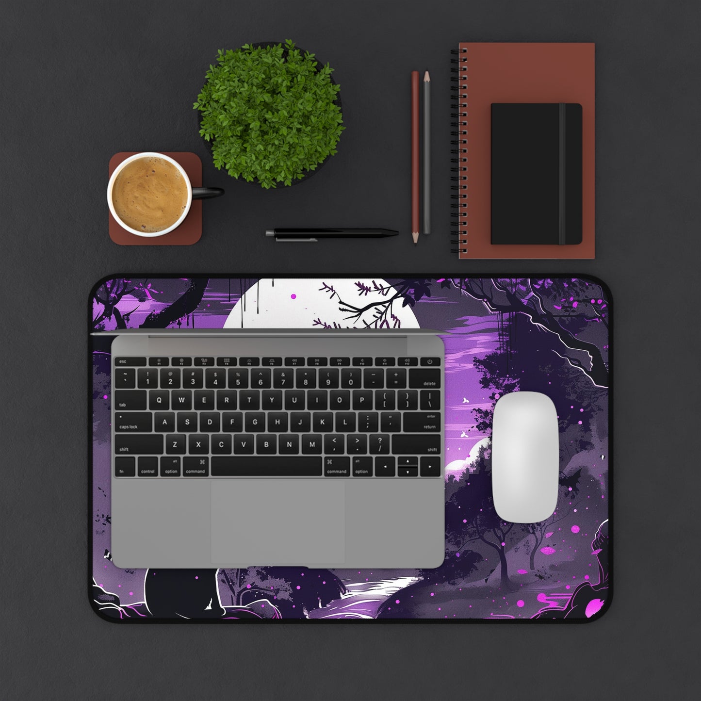 Mystical Night Computer Desk Mat | Cat and Pagoda Moonlight Mouse Pad | Anti-Slip Neoprene Desk Mat for Home Office | 3 Sizes Available