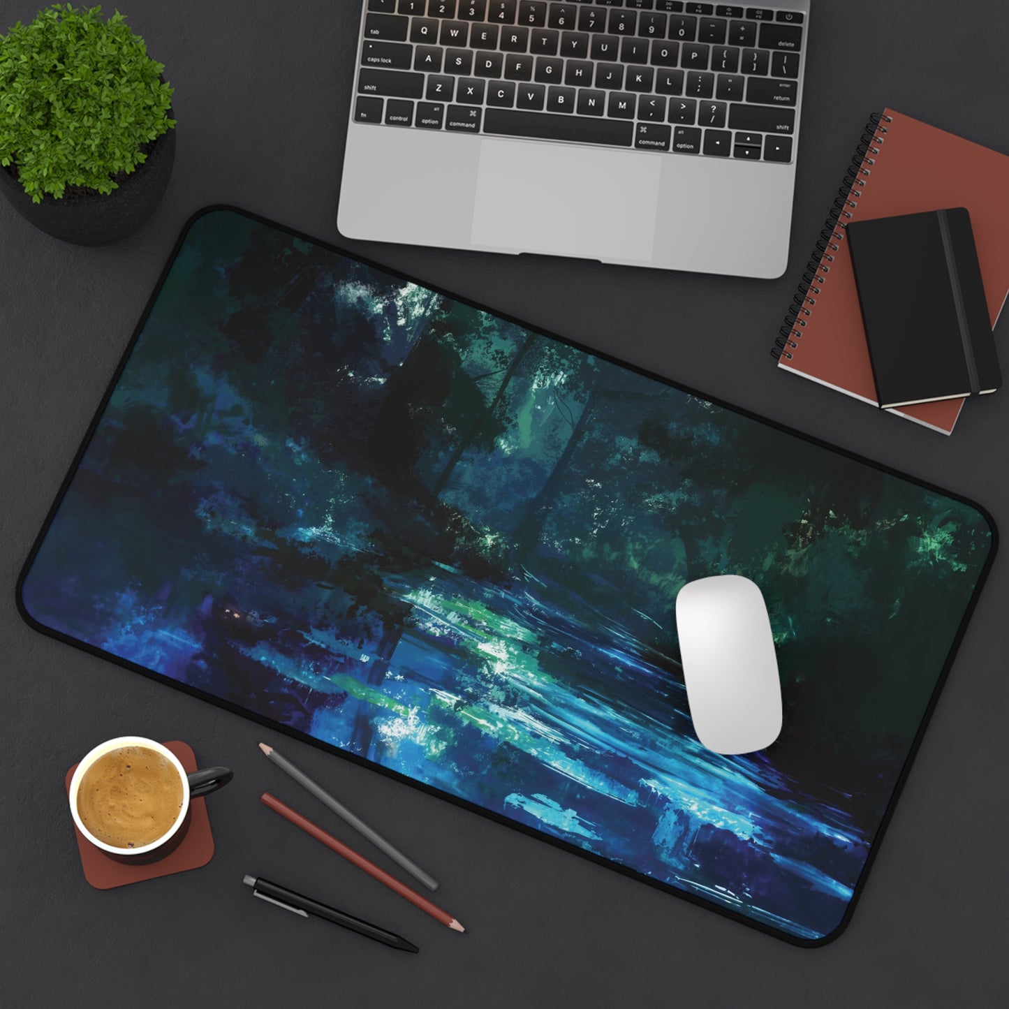 Mystical Forest Stream Desk Mat | Enchanted Night Design | Neoprene | Anti-Slip | 3 Sizes