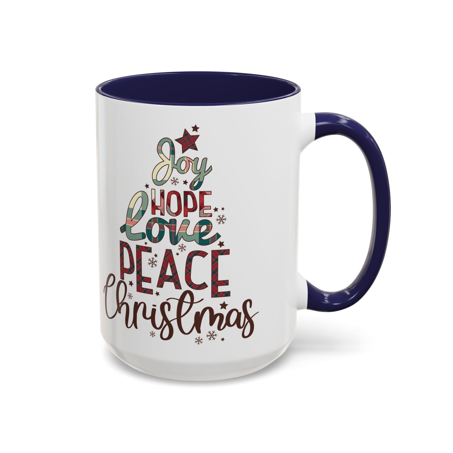 Joy Hope Love Peace Christmas Mug | Festive Holiday Plaid Design | Christmas Tree Word Art Coffee Mug