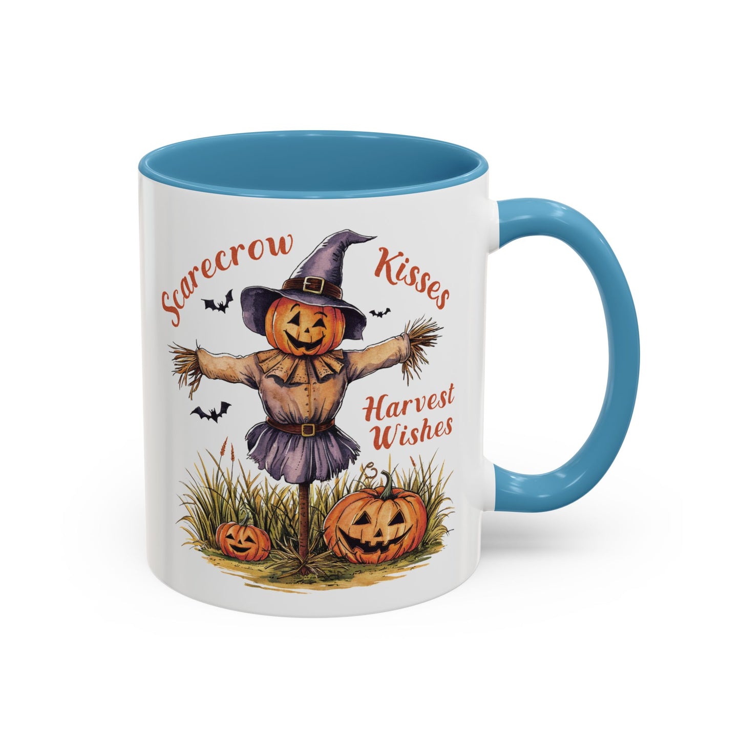 Scarecrow Kisses and Harvest Wishes Mug | Fall Scarecrow and Pumpkin Design | Perfect Autumn Coffee Mug for Cozy Mornings