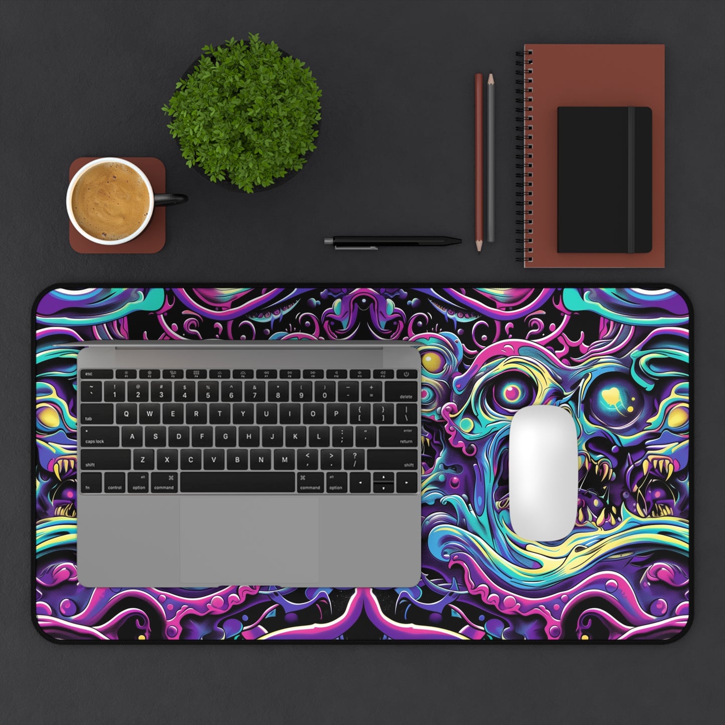 Psychedelic Skull Art Desk Mat - Customizable Neoprene Anti-Slip Mouse Pad - Vibrant Office Decor - Available in 3 Sizes