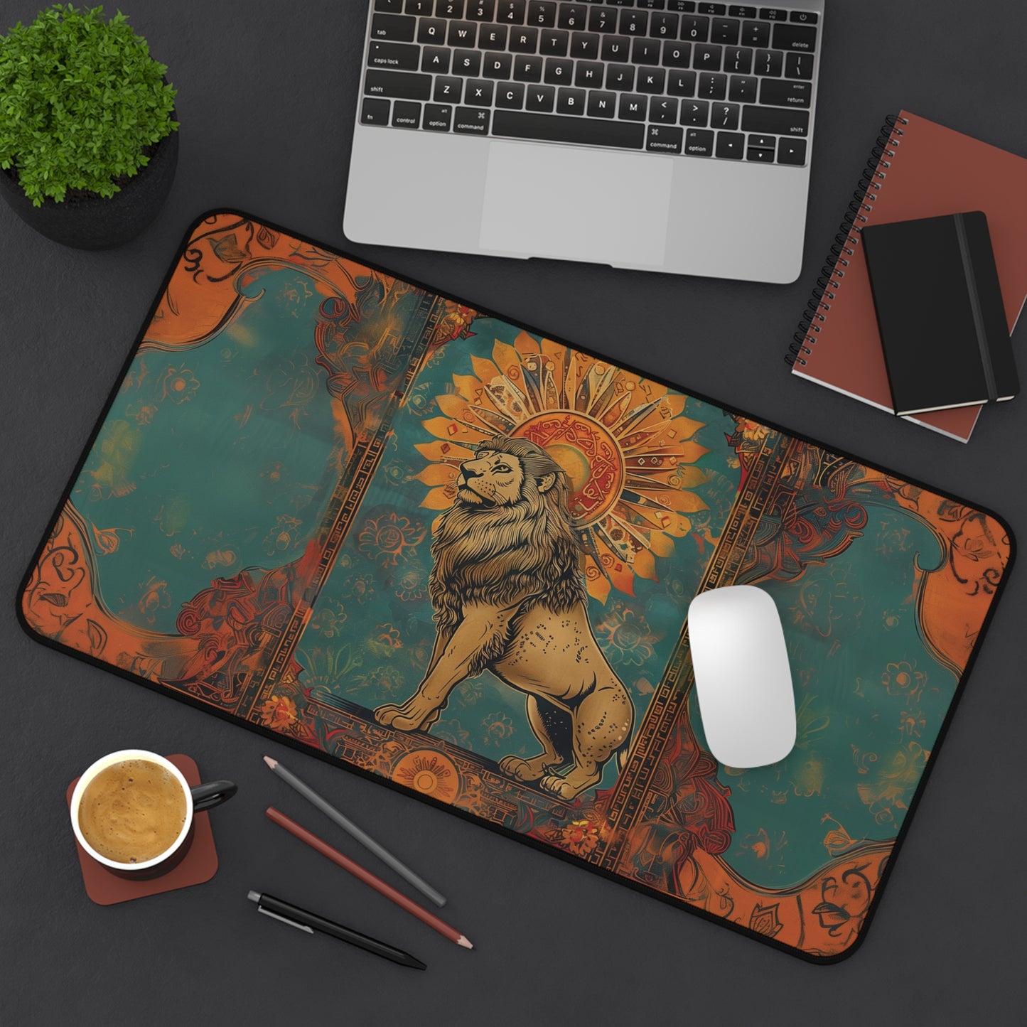 Regal Lion Desk Mat | Vintage Sunburst Design | Neoprene | Anti-Slip | 3 Sizes