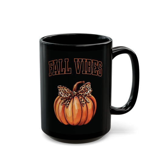 Fall Vibes Mug - Autumn Pumpkin Coffee Mug - Black Ceramic Cup with Leopard Bow Design - Perfect Fall Gift