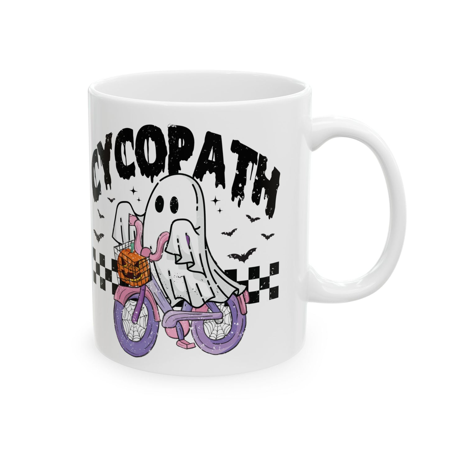 Cycopath Ghost Halloween Mug - White Ceramic Coffee Cup with Funny Ghost Biker Design - Perfect Spooky Gift - 11oz & 15oz