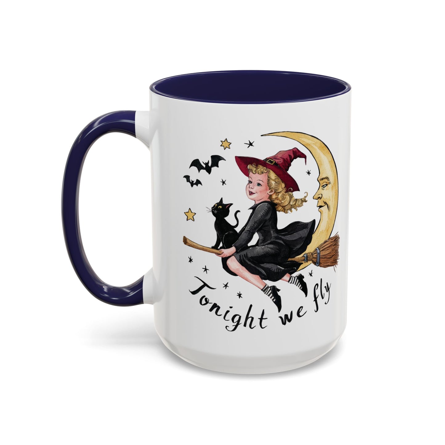 Tonight We Fly Halloween Witch Mug | Vintage Witch and Cat on Broomstick Design | Perfect Halloween Coffee Mug