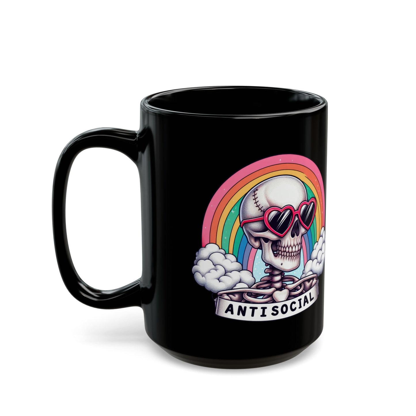 Anti-Social Skull Mug | Retro Rainbow Goth Coffee Cup | Skeleton with Heart Glasses