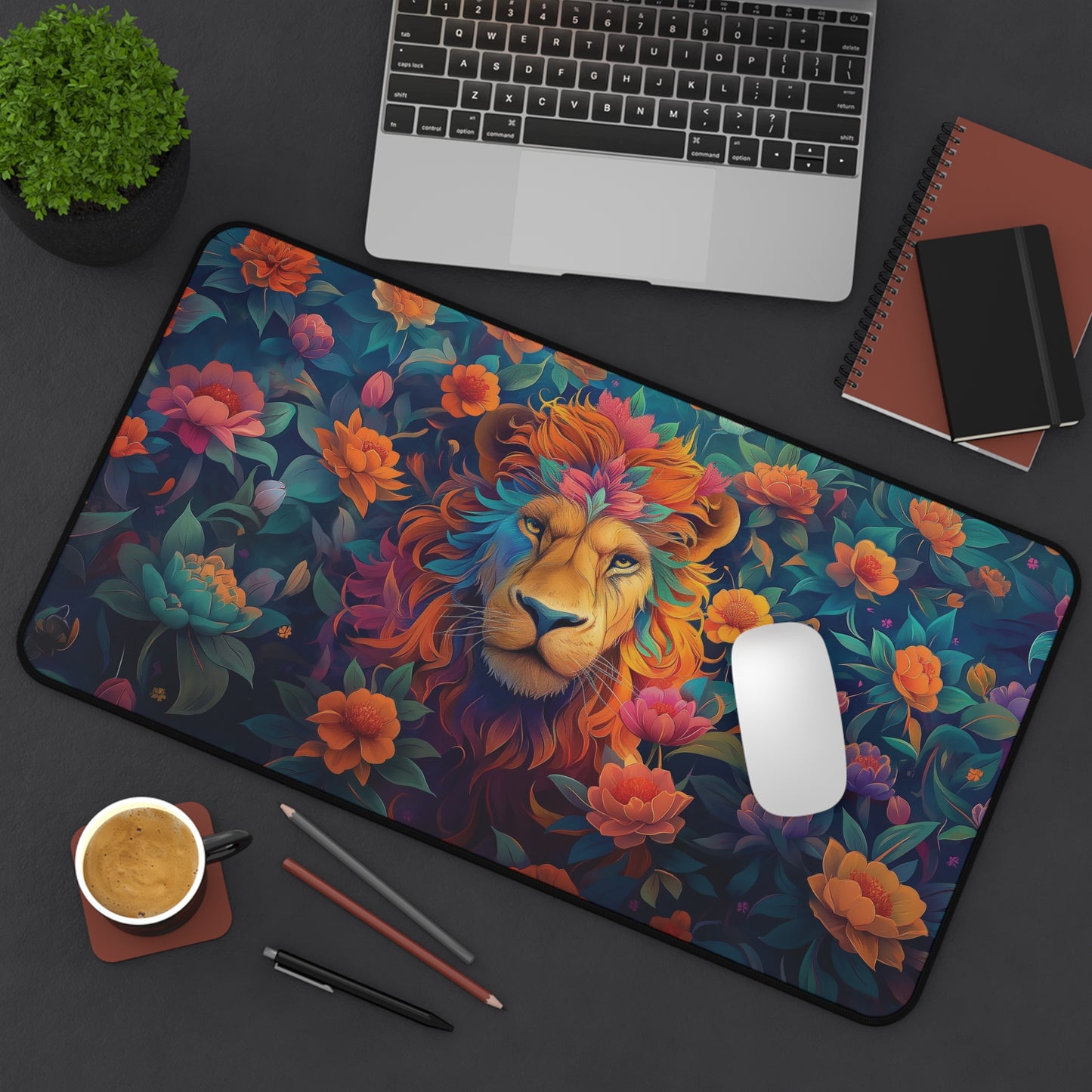 Lion and Flowers Desk Mat | Neoprene | Anti-Slip | 3 Sizes