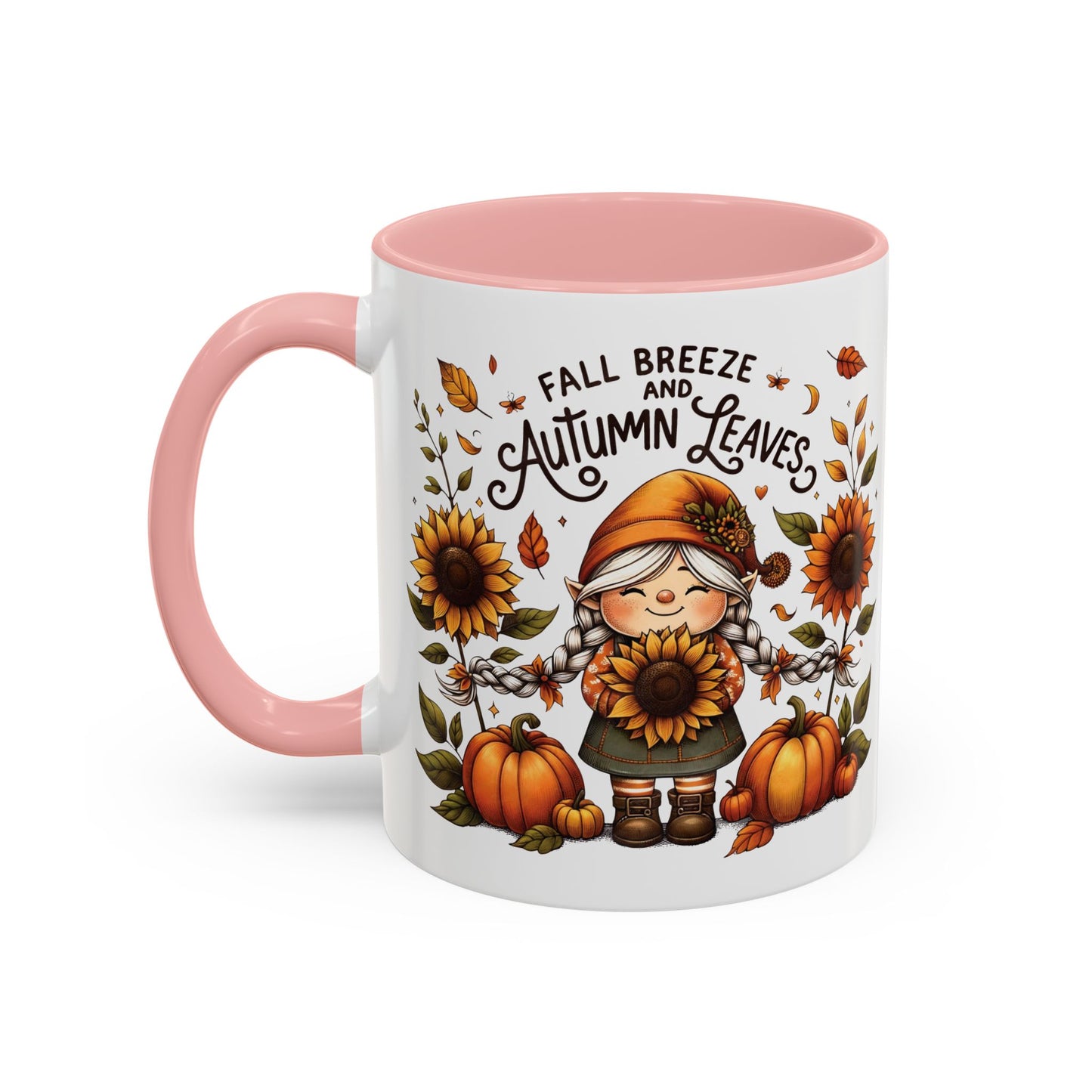 Fall Breeze and Autumn Leaves Mug | 11oz and 15oz Ceramic Coffee Cup | Cute Gnome, Sunflower, & Pumpkin Design