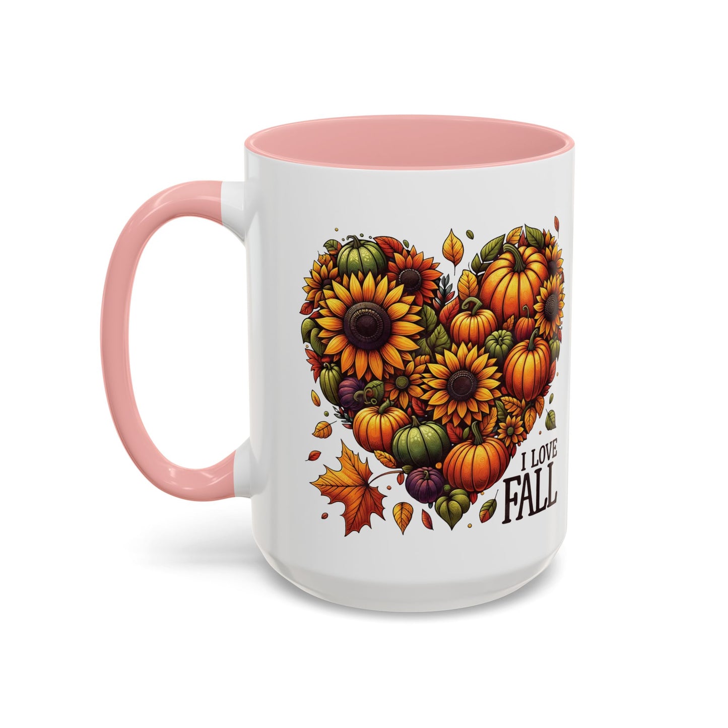 I Love Fall Autumn Mug | 11oz and 15oz Ceramic Coffee Cup | Sunflower and Pumpkin Heart Design