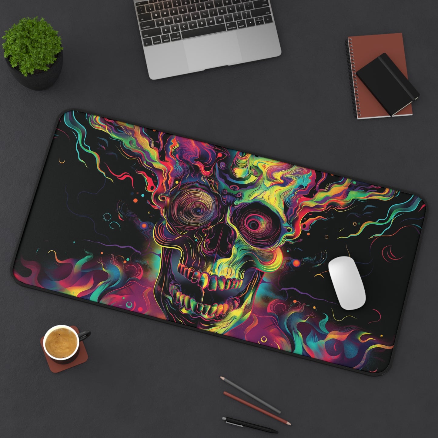 Psychedelic Skull Desk Mat | Vibrant Abstract Art | Neoprene | Anti-Slip | 3 Sizes | Office Decor