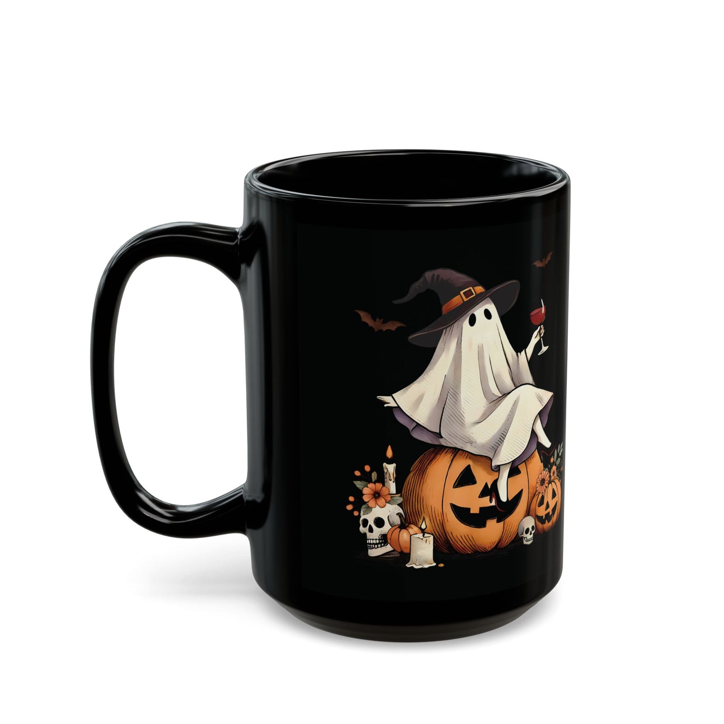 Halloween Ghost on Pumpkin Mug | 11oz /15oz Black Ceramic Coffee Cup | Witch Hat & Wine Design | Spooky and Festive Fall Gift