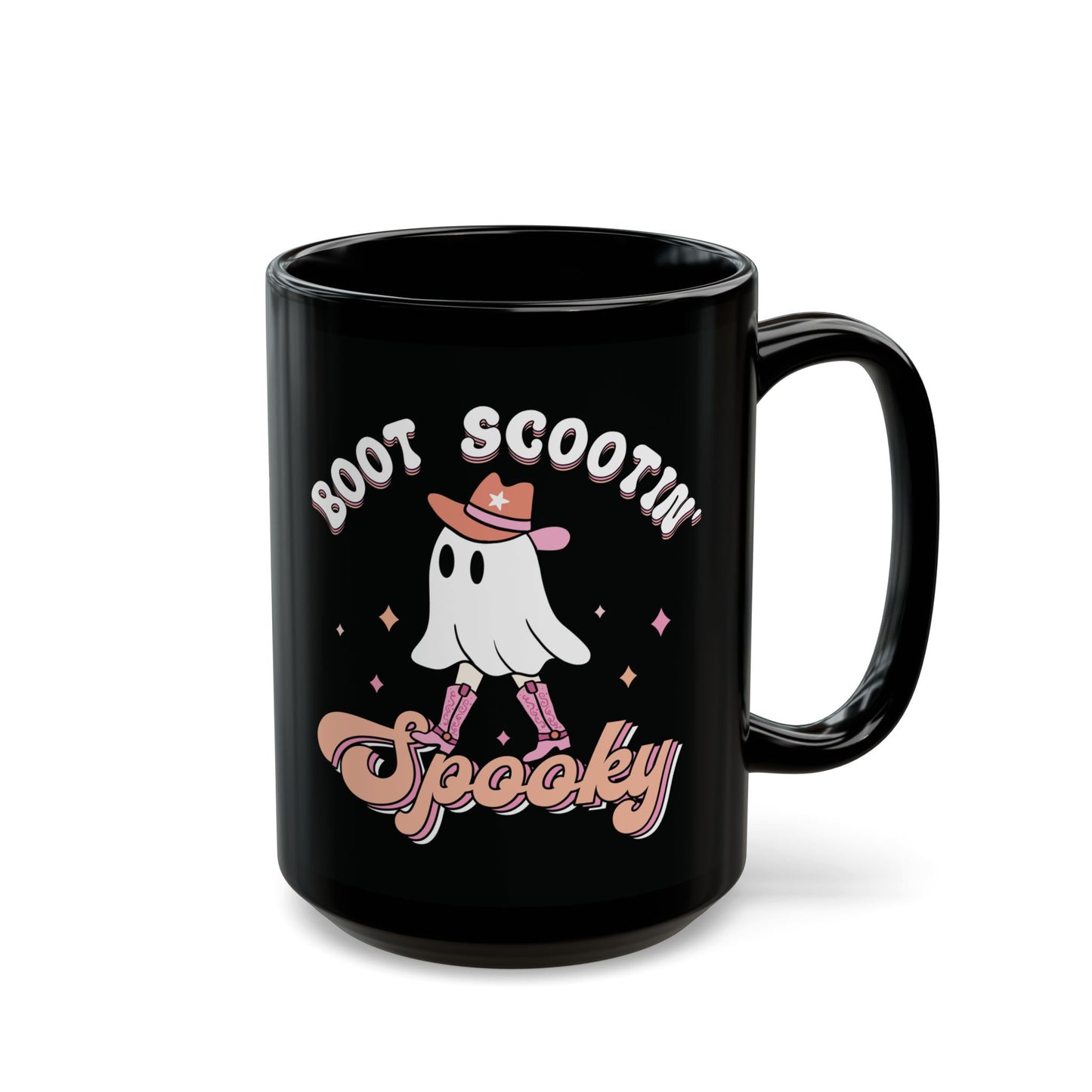 Boot Scootin Spooky Mug - Black Ceramic Coffee Cup with Cute Ghost Design - Fun Halloween Gift - 11oz & 15oz