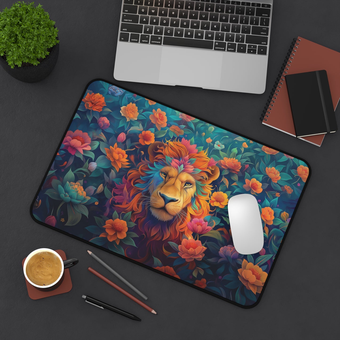 Lion and Flowers Desk Mat | Neoprene | Anti-Slip | 3 Sizes