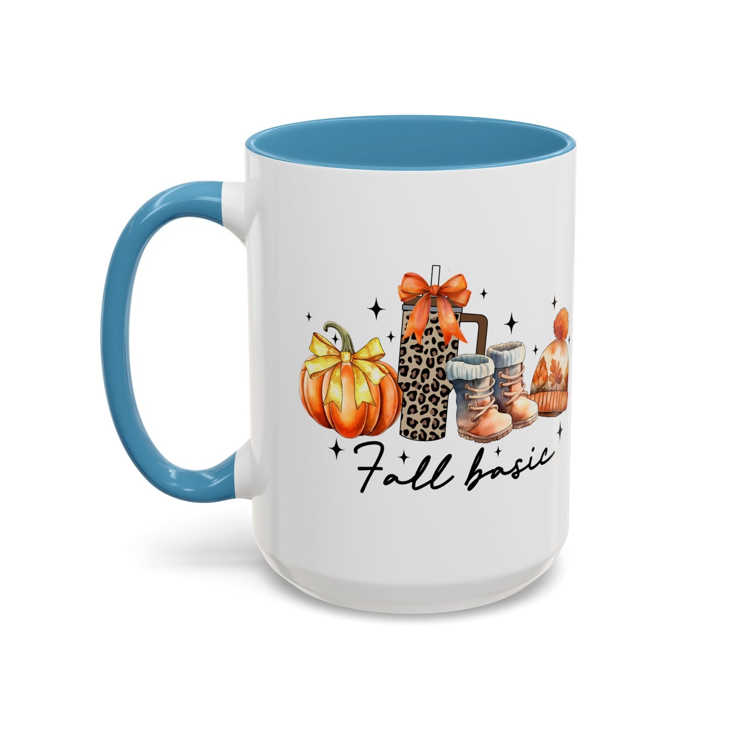 Fall Basic Autumn Mug | 11oz/15oz Ceramic Coffee Cup | Cozy Fall Essentials Design | Pink, Red, Black, Light Blue, or Navy Handle & Interior