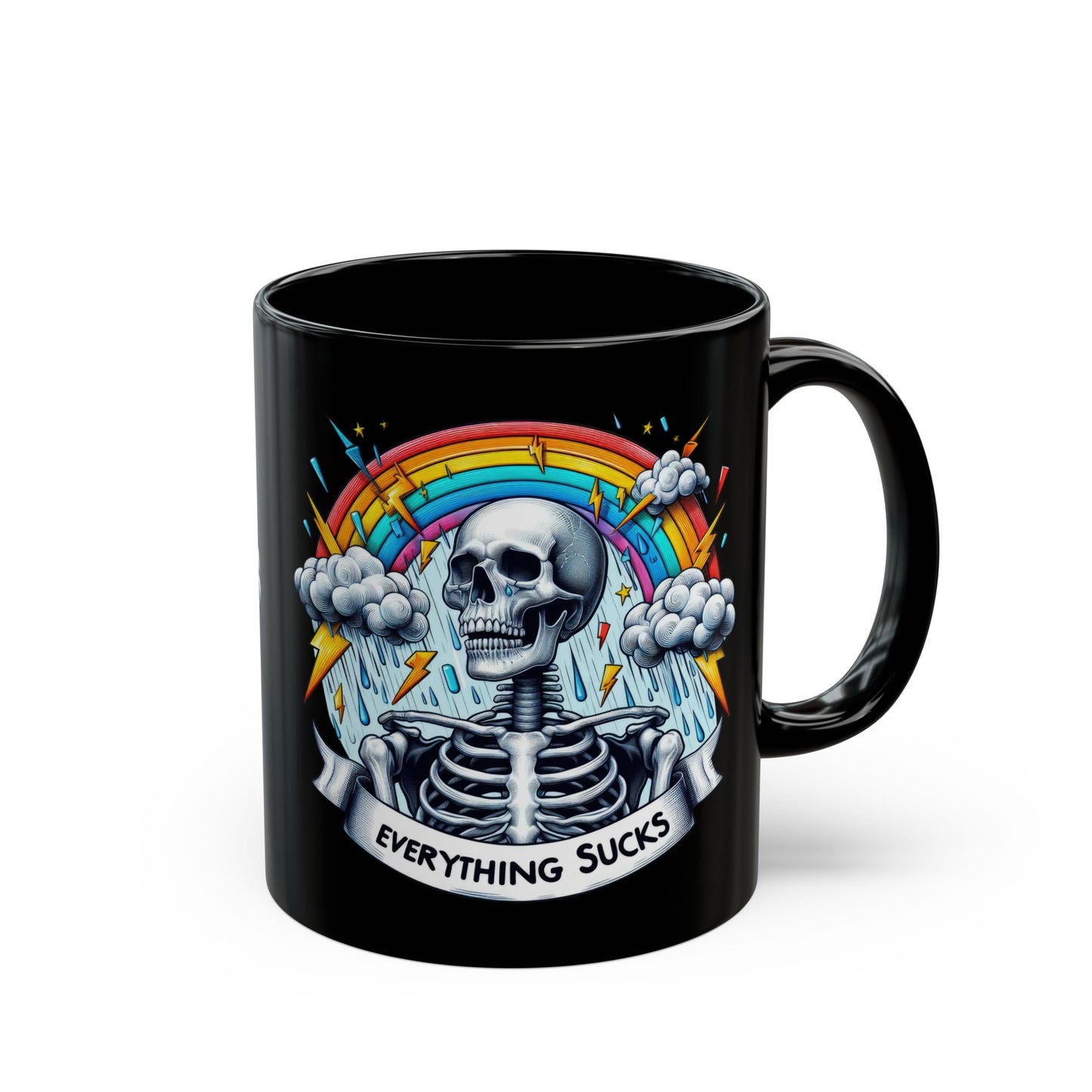 Everything Sucks Skeleton Mug | Dark Humor Rainbow Coffee Cup | Sarcastic Gothic Gift