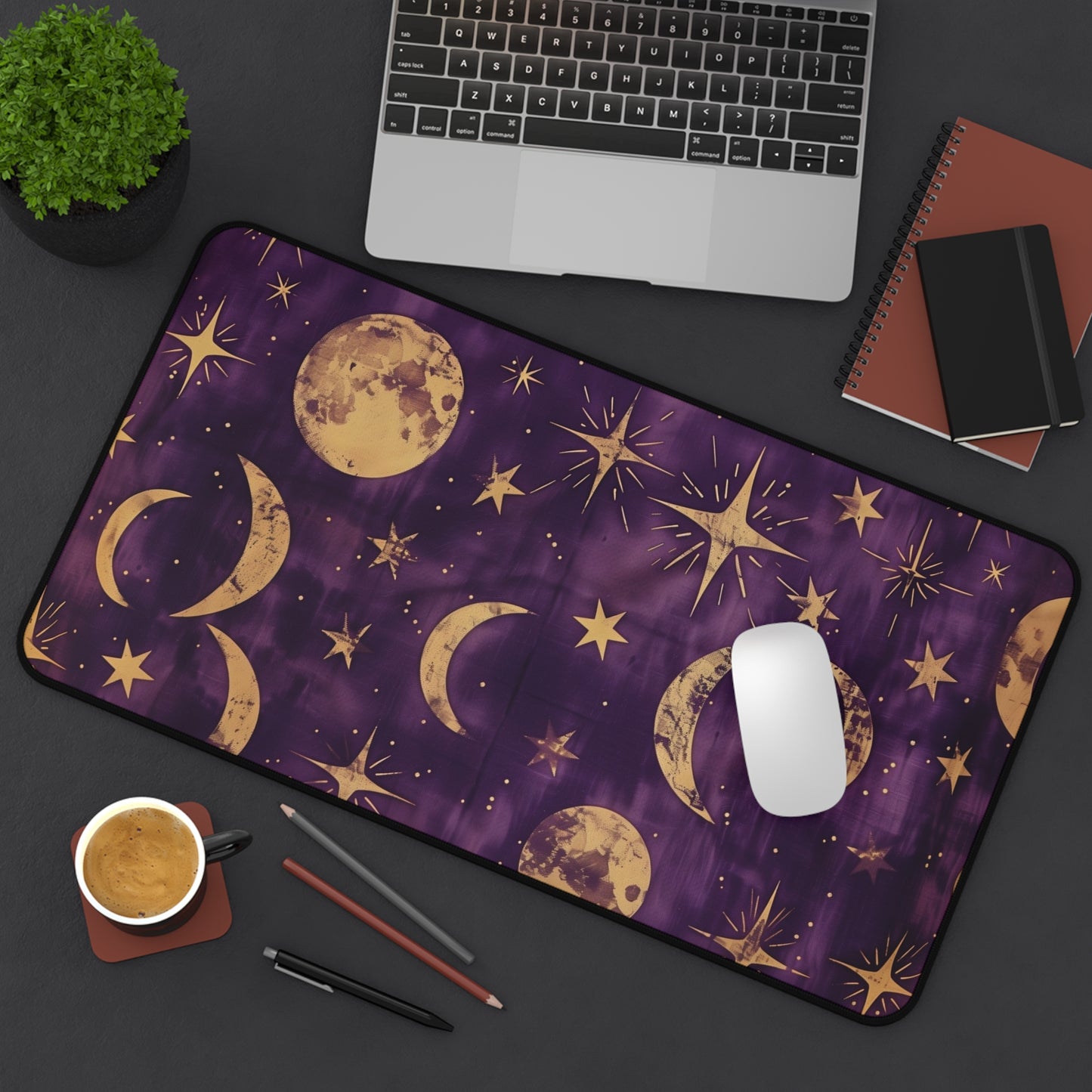 Celestial Dreams Computer Desk Mat | Moon and Stars Mouse Pad | Anti-Slip Neoprene Desk Mat for Home Office | 3 Sizes Available