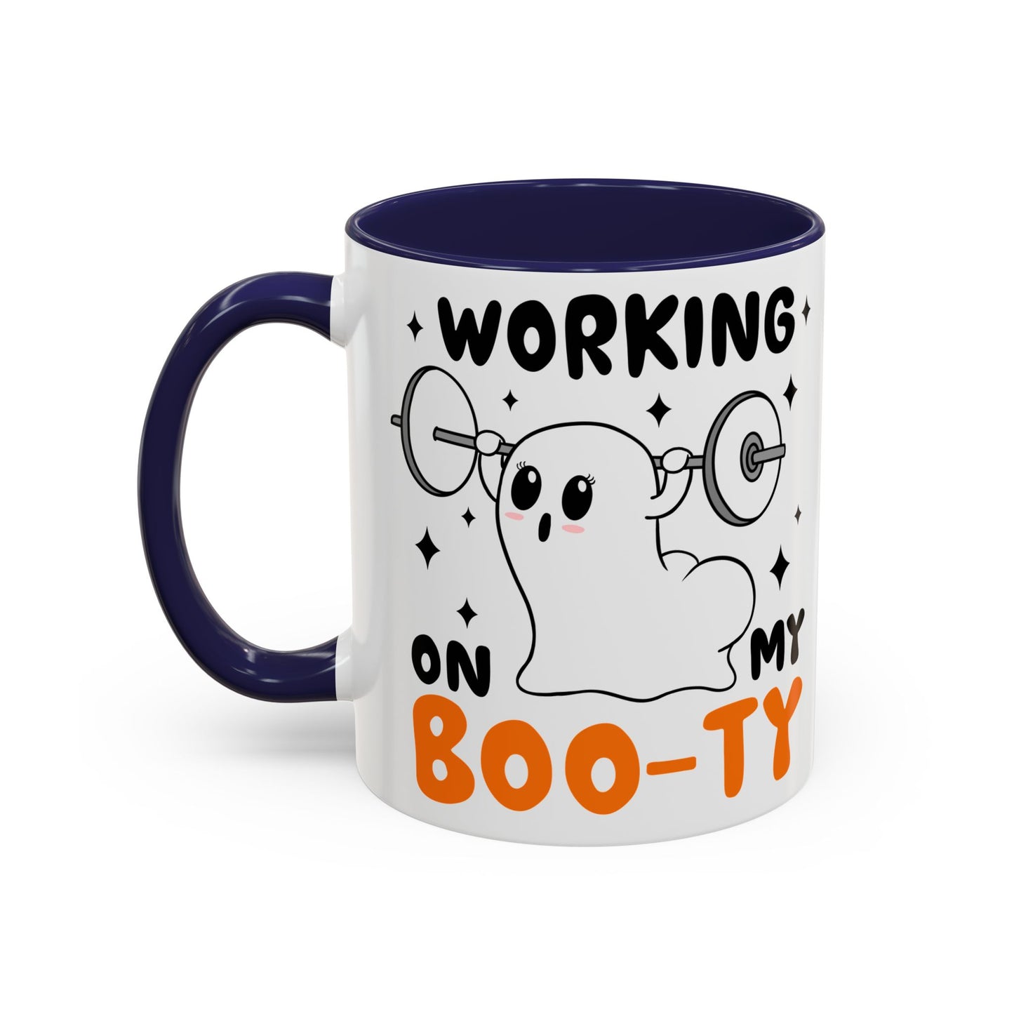 Working on My Boo-ty Halloween Ghost Mug | 11oz and 15oz Ceramic Coffee Cup | Fitness and Humor Design