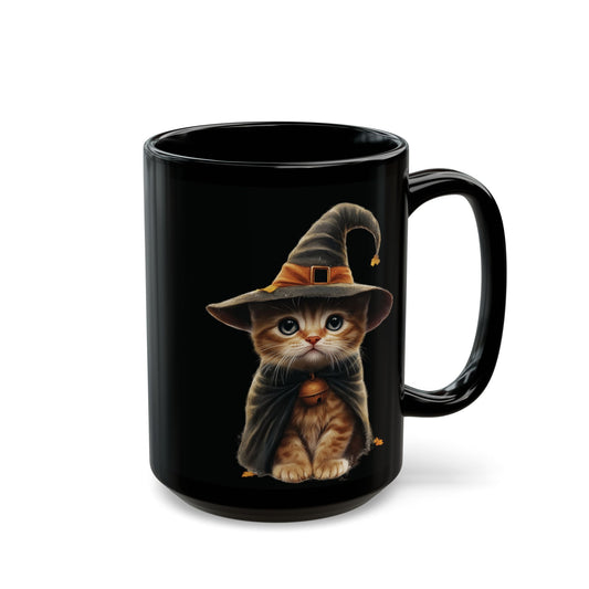 Cute Witch Cat Halloween Mug - Black Ceramic Coffee Cup with Adorable Kitten Design - Perfect Gift for Cat Lovers - 11oz & 15oz