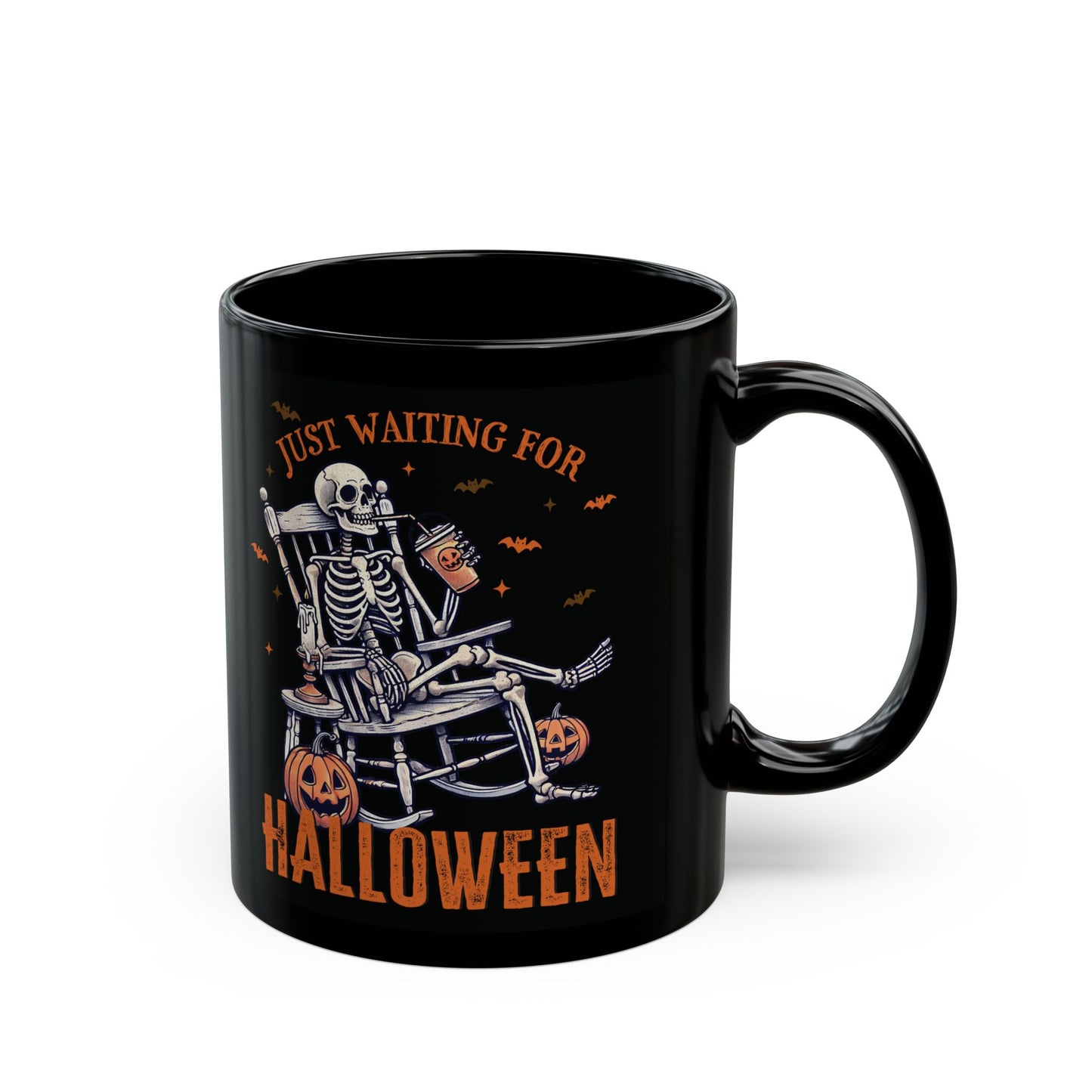 Halloween Skeleton Mug - Just Waiting for Halloween - Black Ceramic Coffee Mug - Spooky Gift - 11oz & 15oz - BPA Free - Microwave Safe