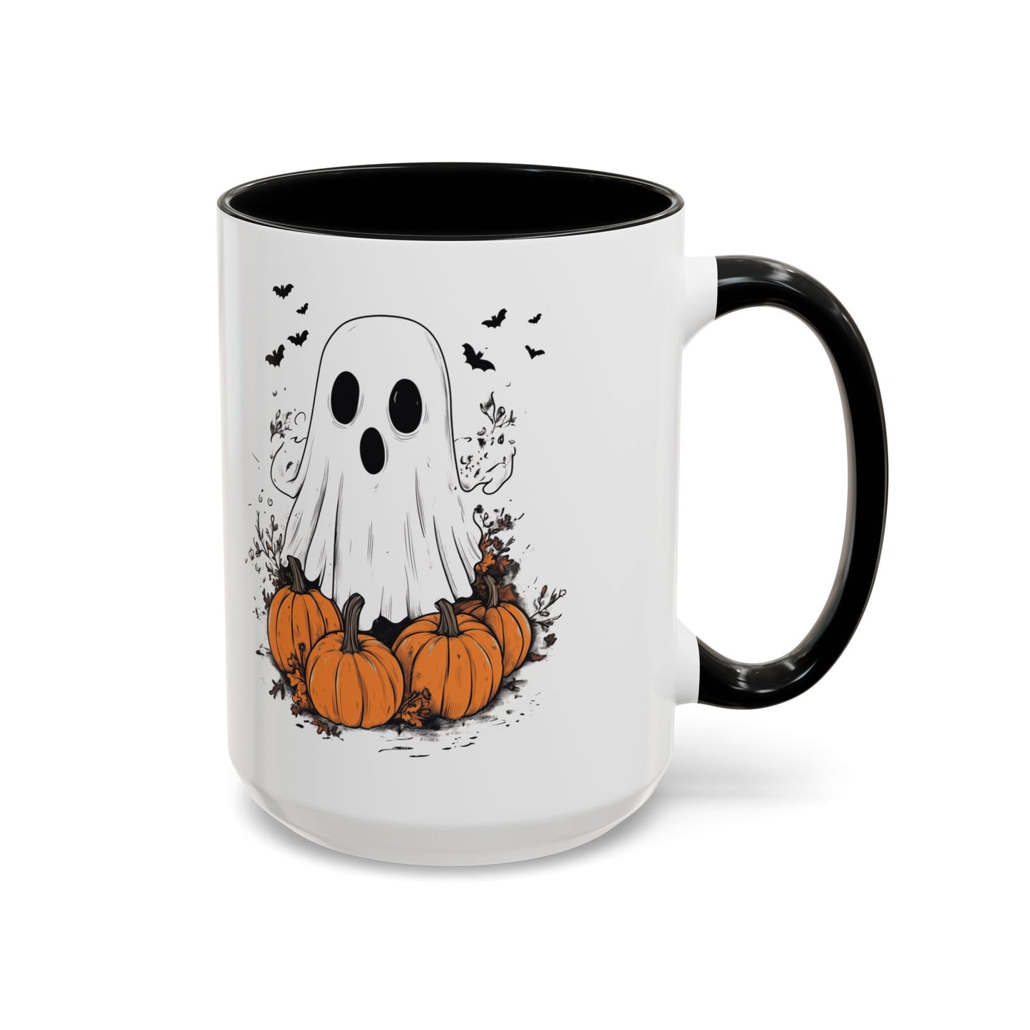 Halloween Ghost Mug - Cute Pumpkin Coffee Cup - White Ceramic Mug with Red Accent - Spooky Fall Gift - 11oz & 15oz - BPA Free