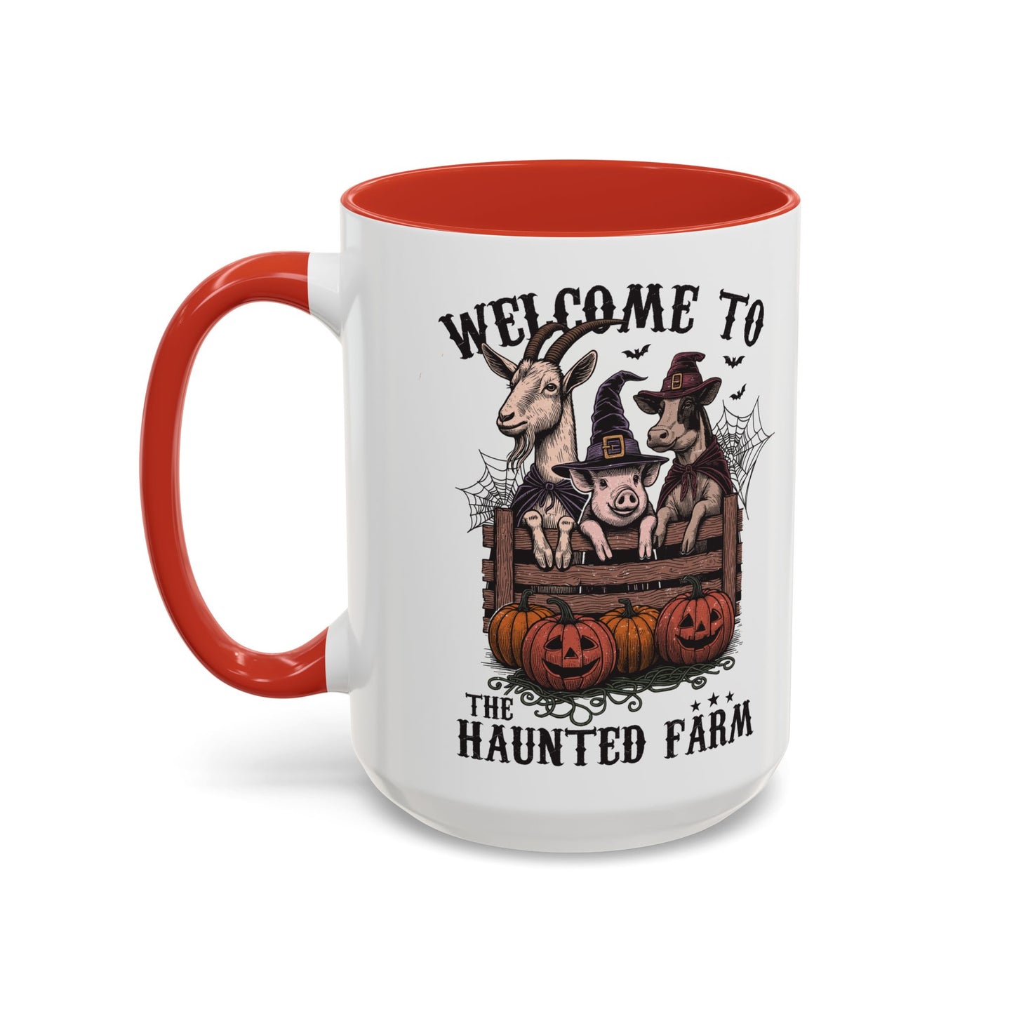 Welcome to the Haunted Farm Mug | Spooky Farm Animal Halloween Cup | Goat, Pig, and Cow in Witch Hats