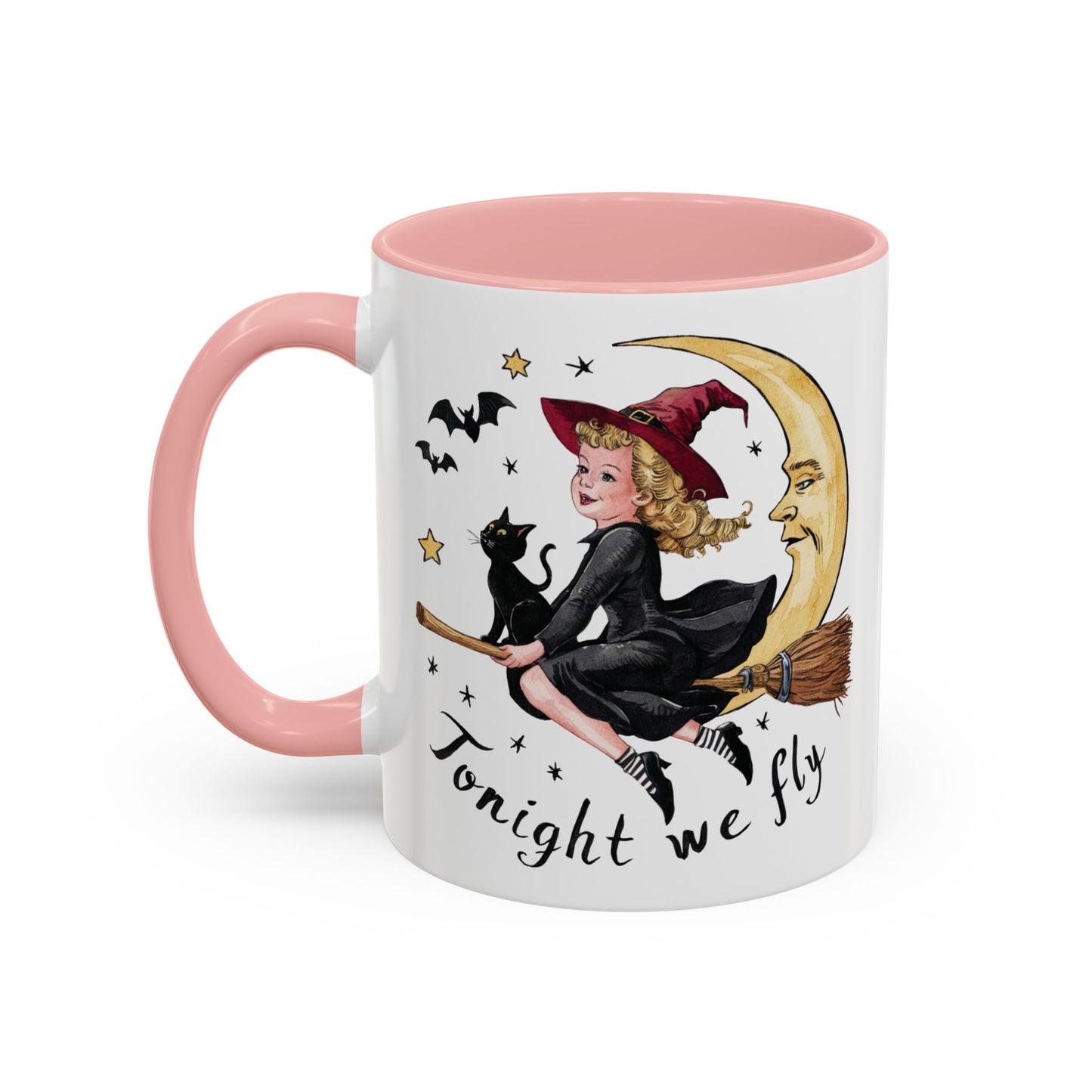 Tonight We Fly Halloween Witch Mug | Vintage Witch and Cat on Broomstick Design | Perfect Halloween Coffee Mug