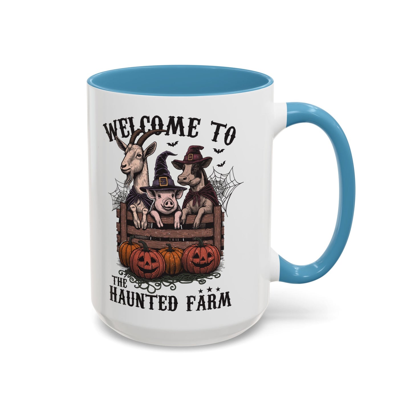 Welcome to the Haunted Farm Mug | Spooky Farm Animal Halloween Cup | Goat, Pig, and Cow in Witch Hats