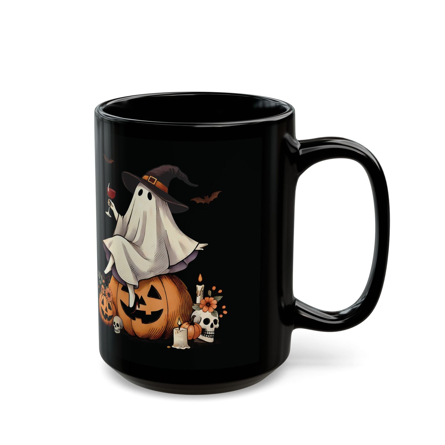 Halloween Ghost on Pumpkin Mug | 11oz /15oz Black Ceramic Coffee Cup | Witch Hat & Wine Design | Spooky and Festive Fall Gift