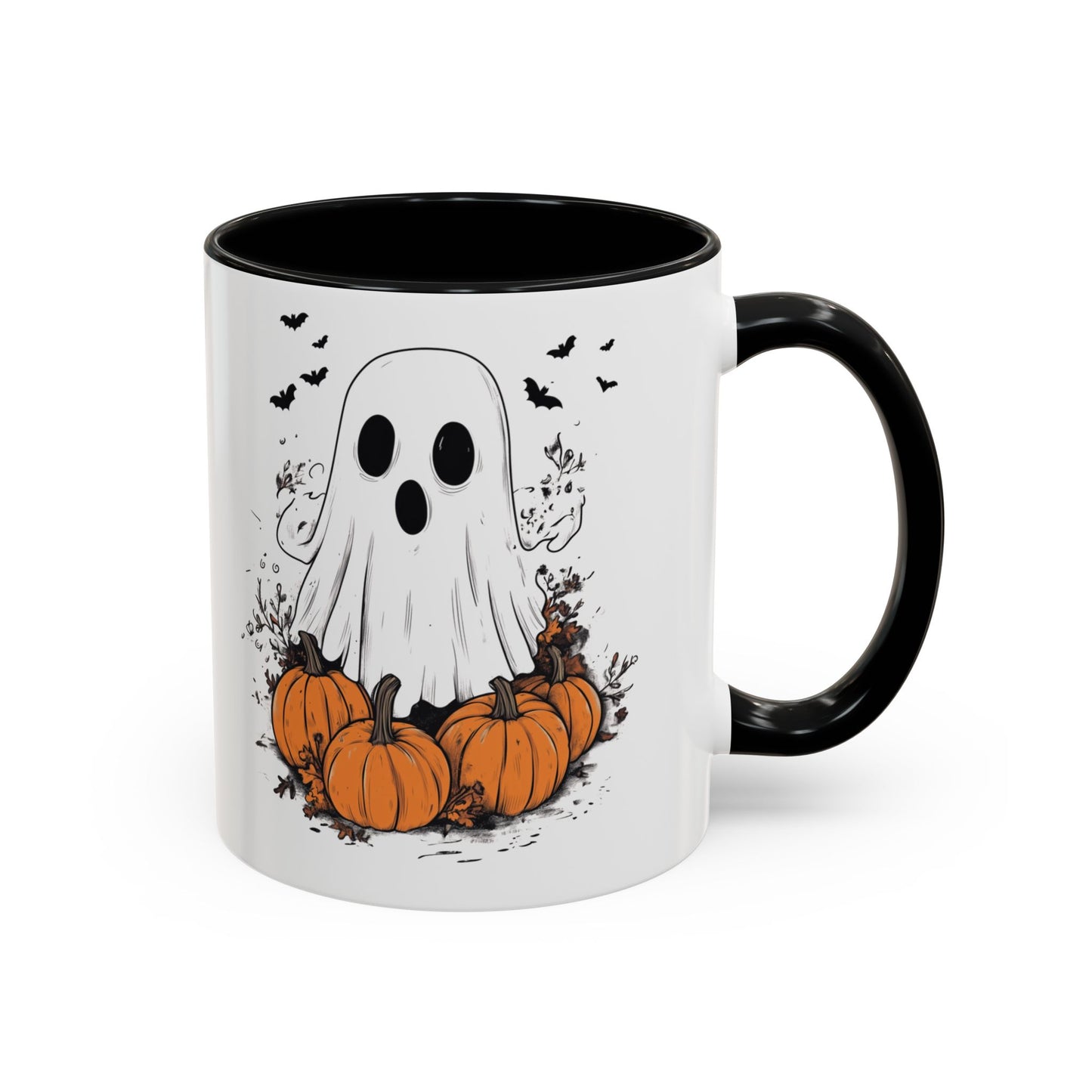 Halloween Ghost Mug - Cute Pumpkin Coffee Cup - White Ceramic Mug with Red Accent - Spooky Fall Gift - 11oz & 15oz - BPA Free