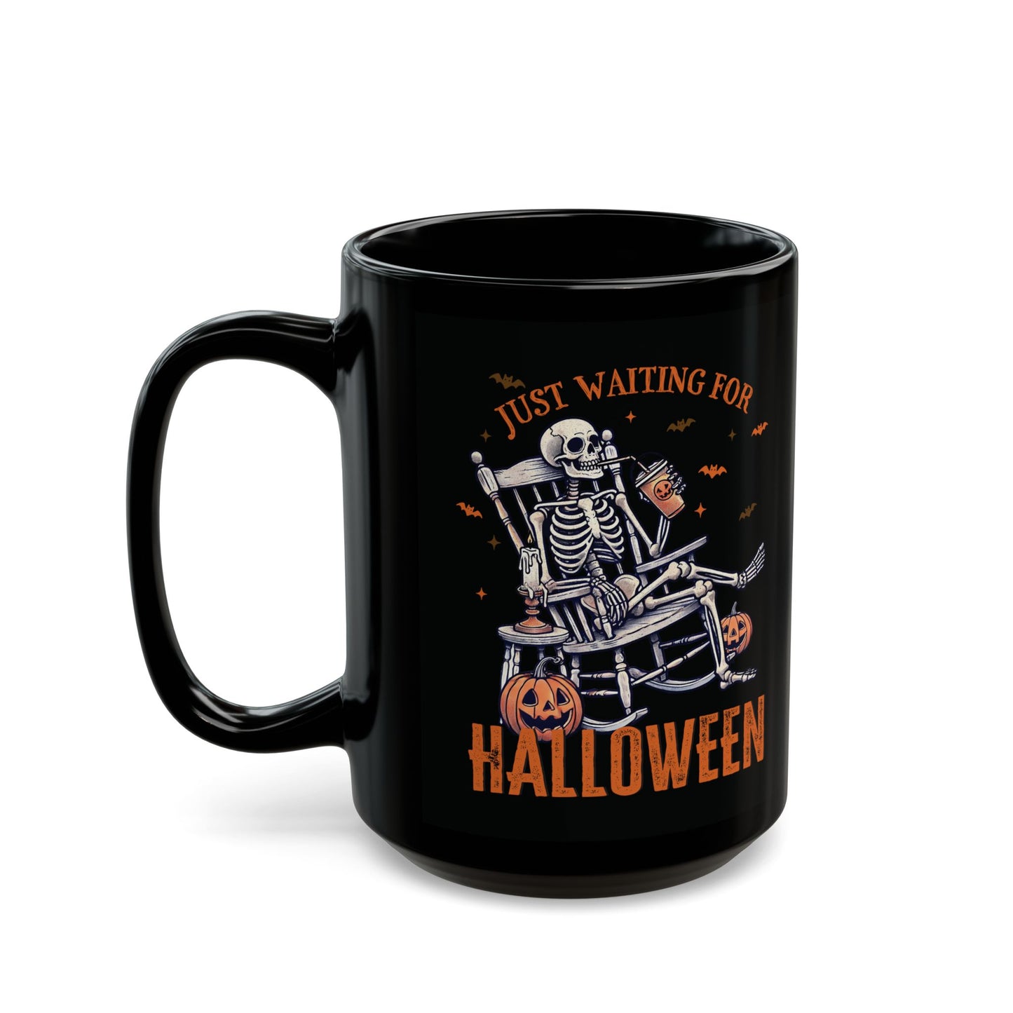 Halloween Skeleton Mug - Just Waiting for Halloween - Black Ceramic Coffee Mug - Spooky Gift - 11oz & 15oz - BPA Free - Microwave Safe