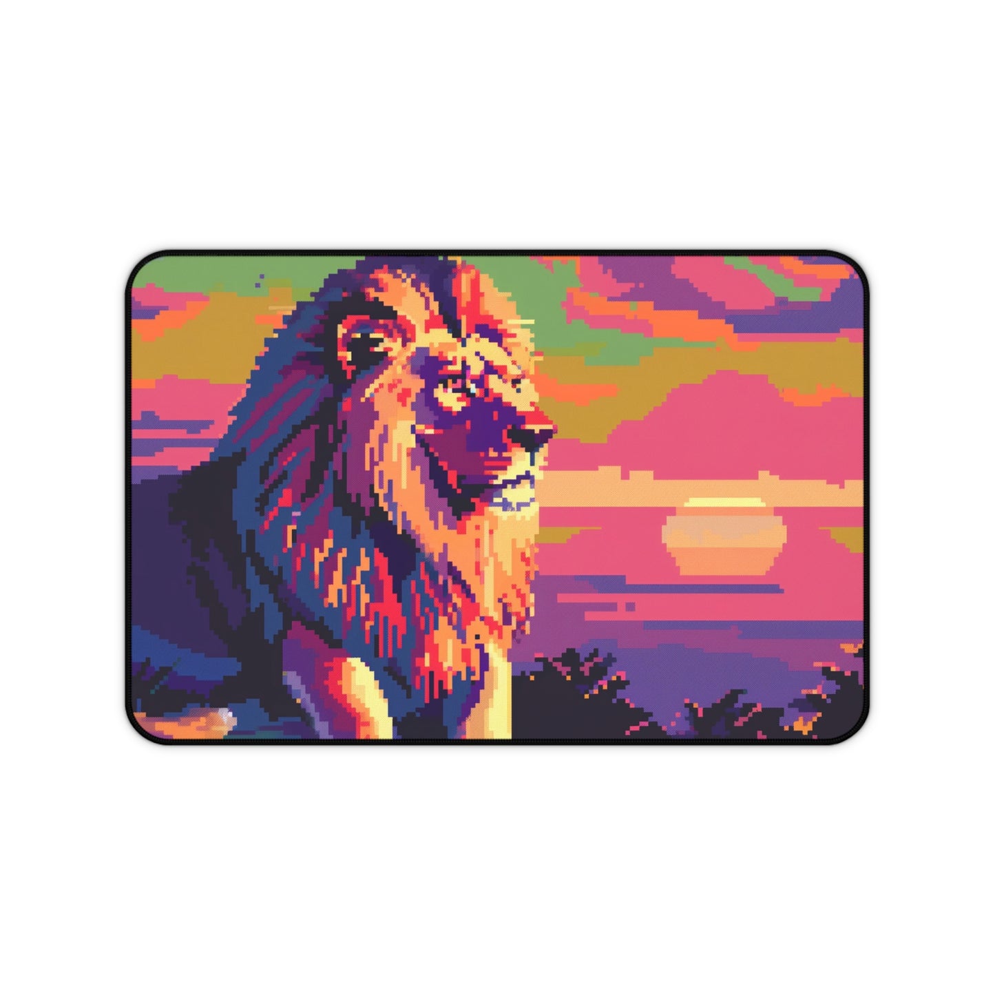 Pixel Art Lion Computer Desk Mat | Vibrant Sunset Mouse Pad | Anti-Slip Neoprene Desk Mat for Home Office | 3 Sizes Available