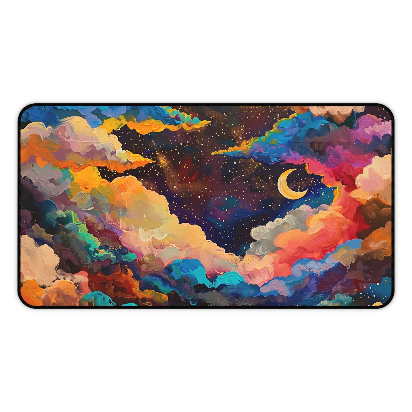 Dreamy Night Sky Computer Desk Mat | Colorful Clouds and Moon Mouse Pad | Anti-Slip Neoprene Desk Mat for Home Office | 3 Sizes Available