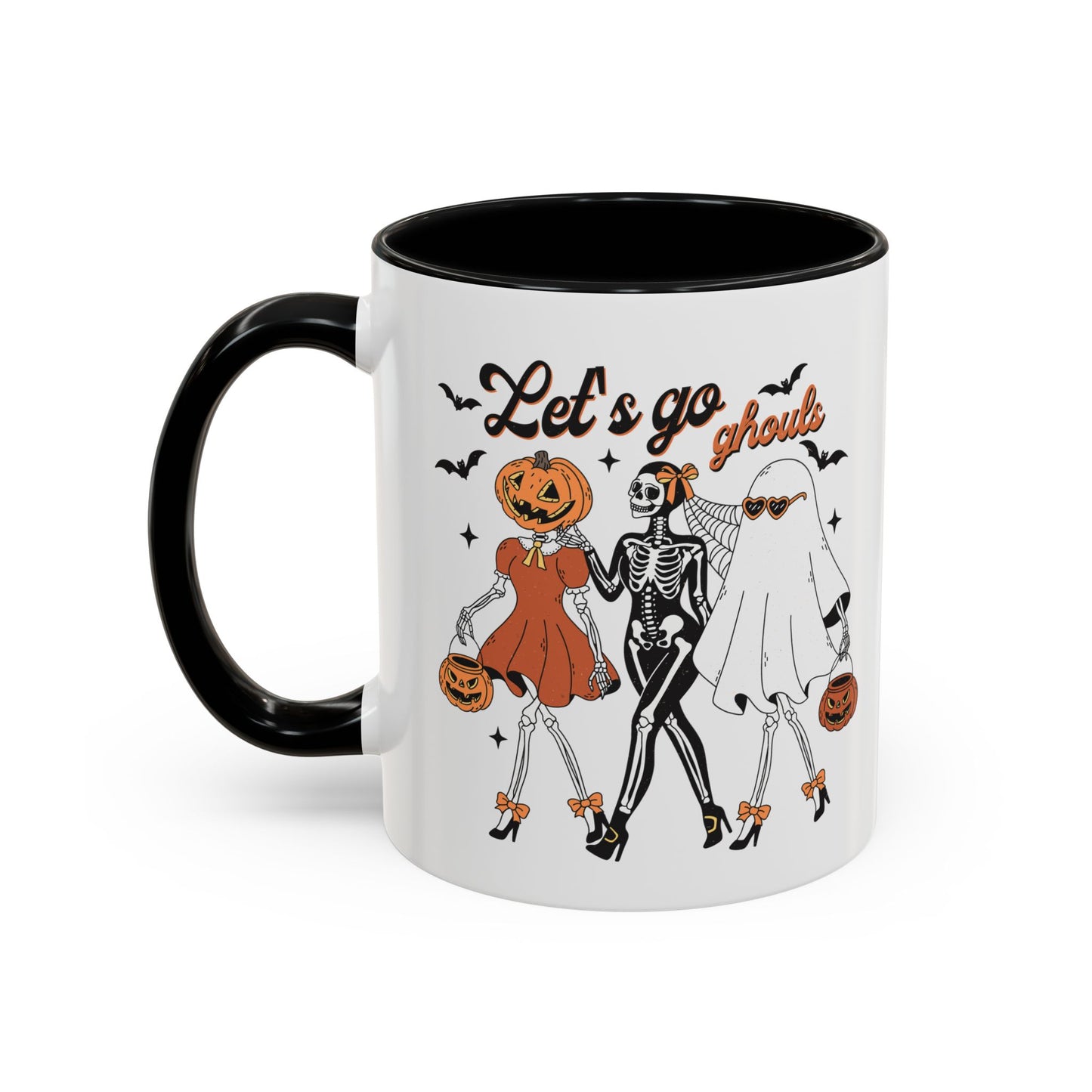 Lets Go Ghouls Halloween Mug | Skeleton, Ghost, and Pumpkin Friends Design | Spooky Coffee Mug | Fall Drinkware