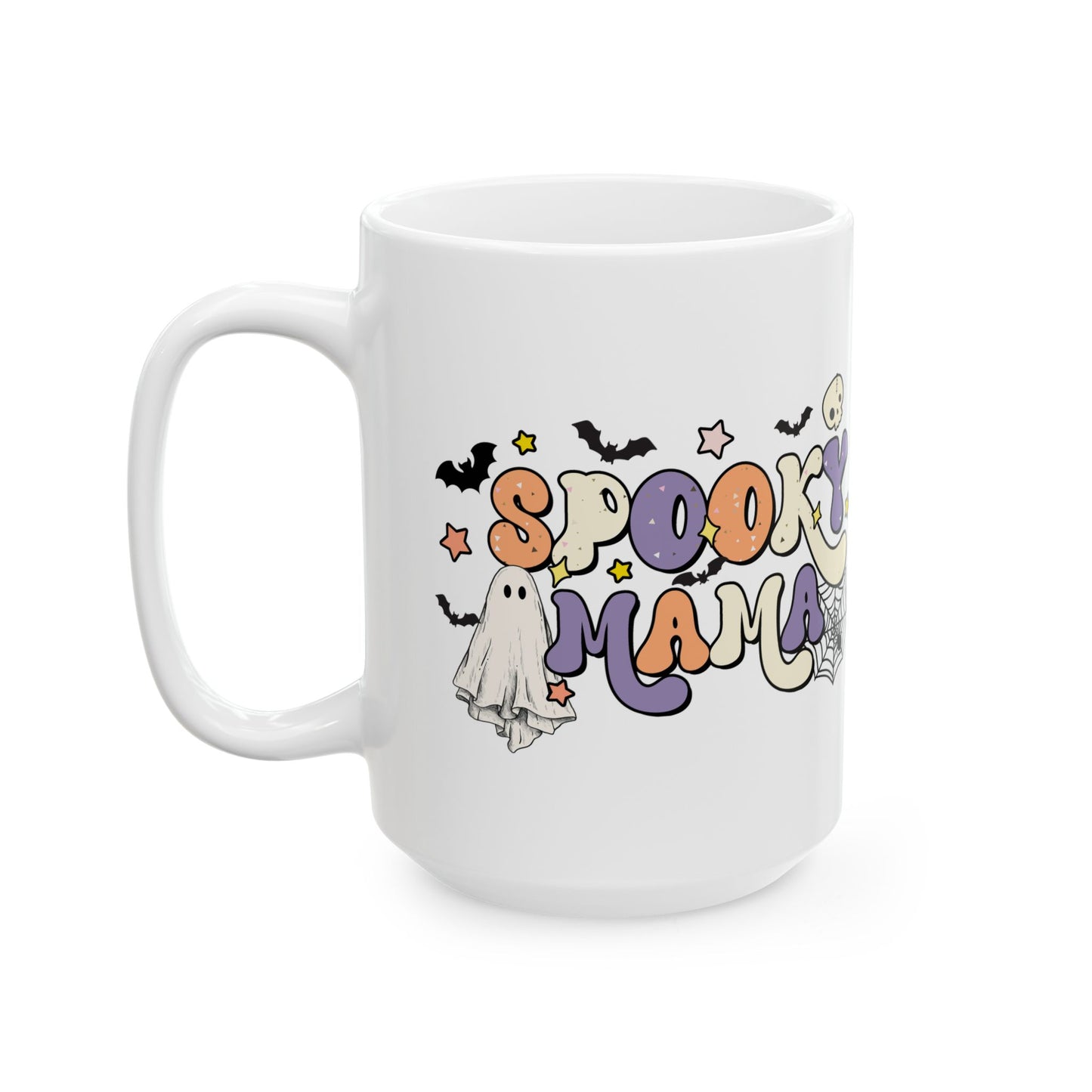 Spooky Mama Halloween Mug - Cute Ghost Coffee Mug - White Ceramic Cup with Spooky Mama Design - Fun Gift for Moms