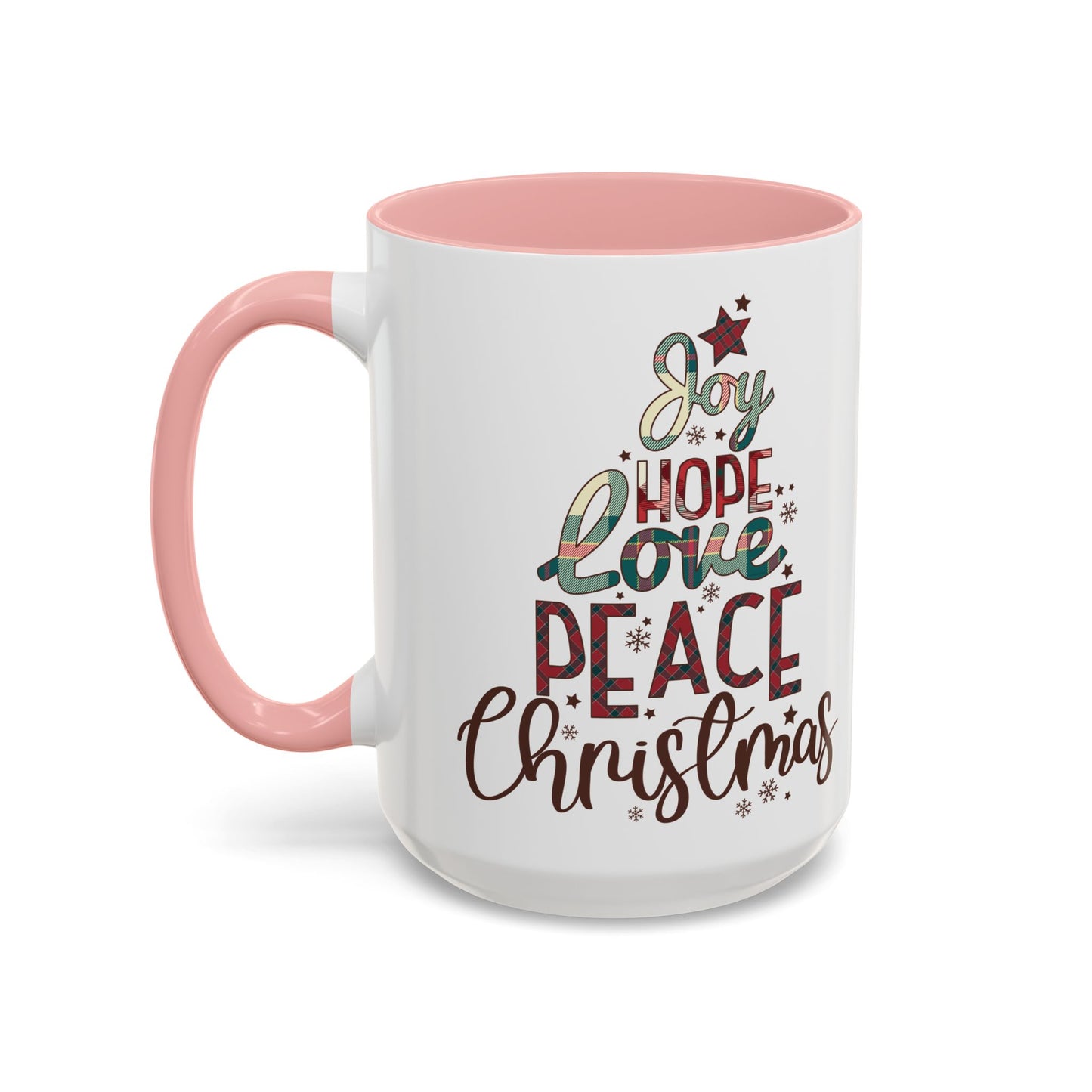 Joy Hope Love Peace Christmas Mug | Festive Holiday Plaid Design | Christmas Tree Word Art Coffee Mug