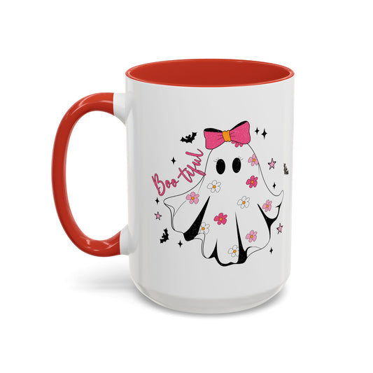 Boo-tiful Halloween Ghost Mug | 11oz and 15oz Coffee Cup | Cute Floral Design | Pink, Red, Black, Light Blue, or Navy Handle and Interior