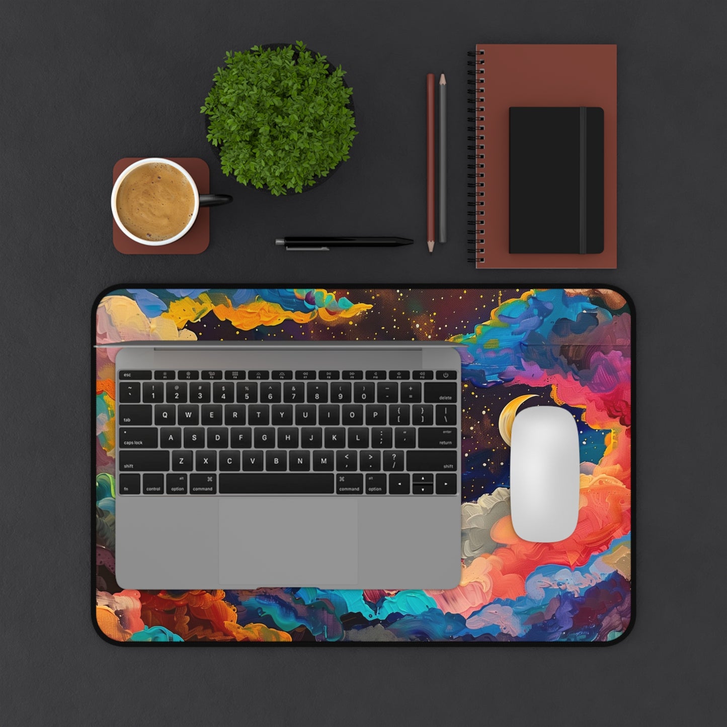 Dreamy Night Sky Computer Desk Mat | Colorful Clouds and Moon Mouse Pad | Anti-Slip Neoprene Desk Mat for Home Office | 3 Sizes Available